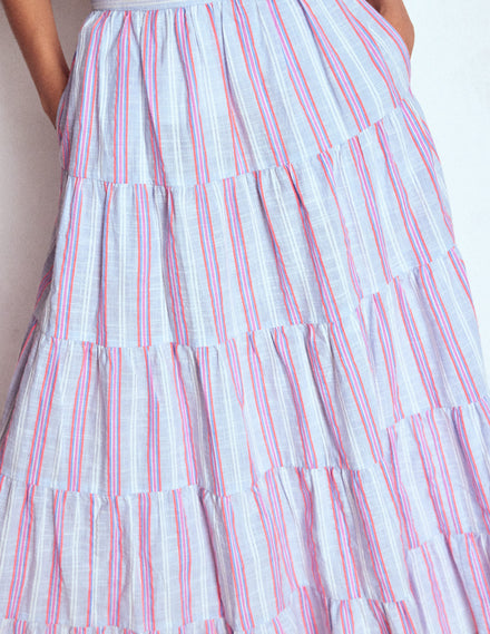 Tiered Poplin Midi Skirt-Metallic Stripe