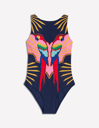Slash Neck Tie Swimsuit-Navy Paradise Parrot