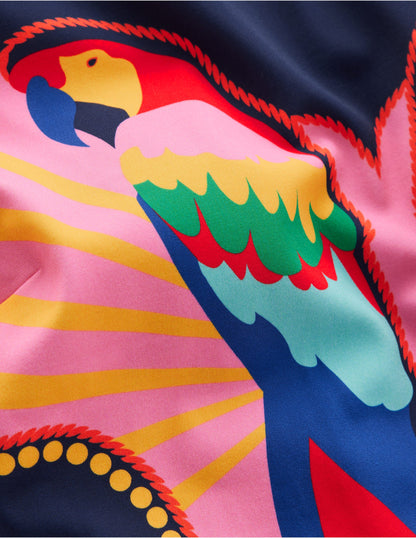 Slash Neck Tie Swimsuit-Navy Paradise Parrot