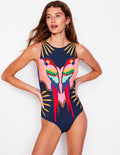 Slash Neck Tie Swimsuit-Navy Paradise Parrot