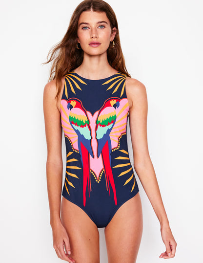 Slash Neck Tie Swimsuit-Navy Paradise Parrot