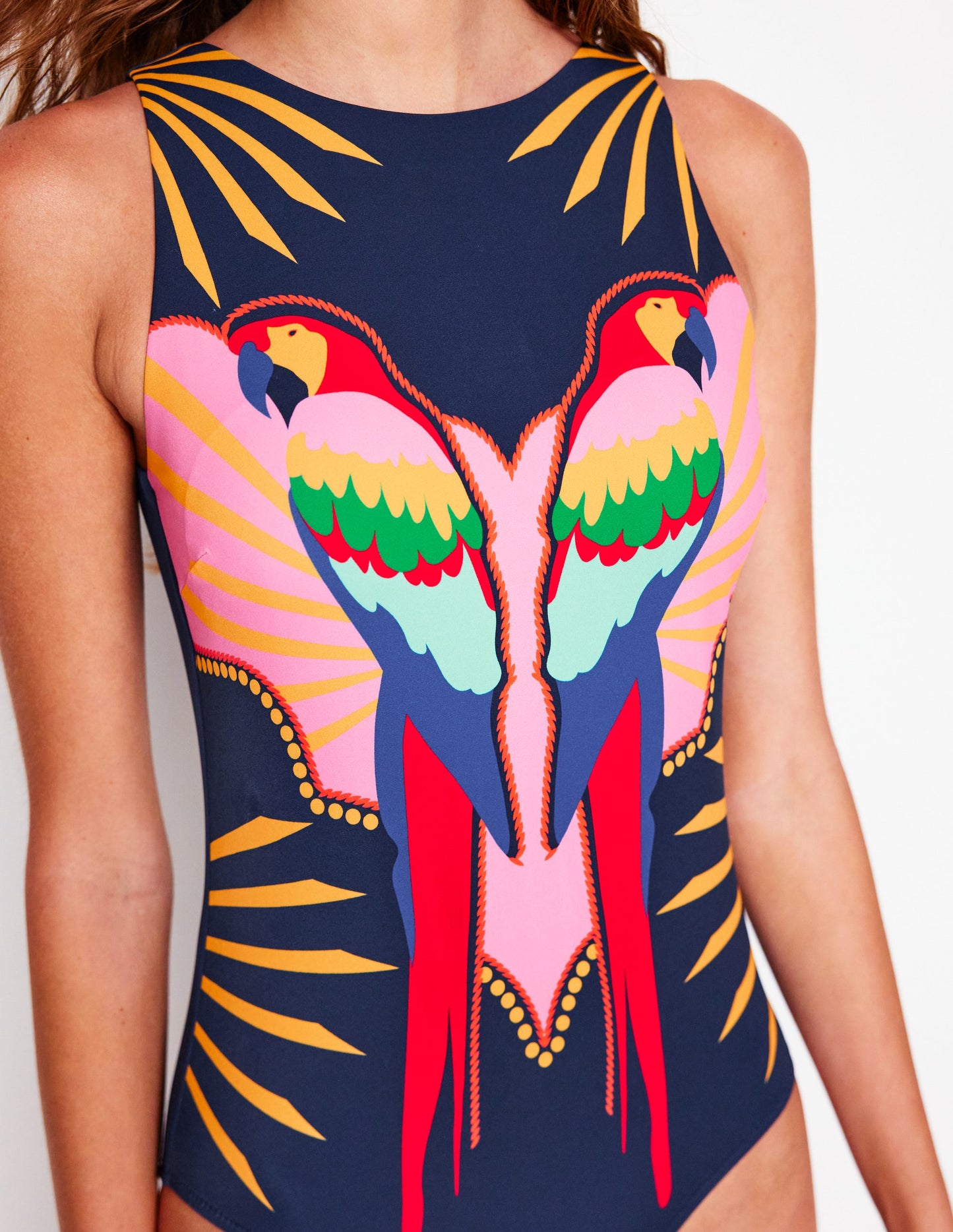 Slash Neck Tie Swimsuit-Navy Paradise Parrot