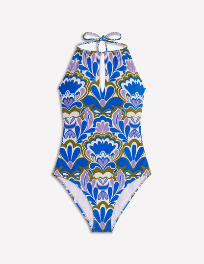 String High Neck Swimsuit-Kingfisher Blue, Freesia Stamp-6