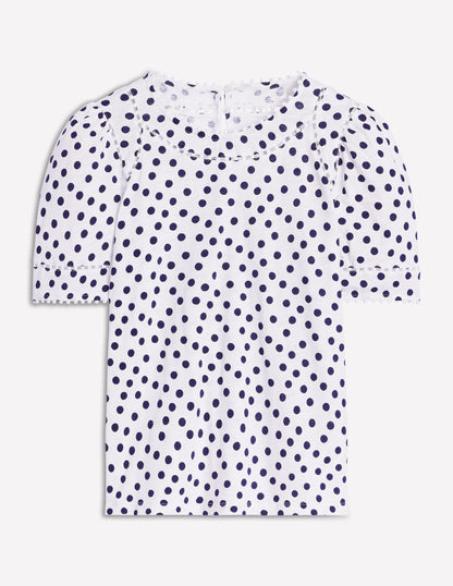 Mila Trim Detail Top-Ivory, French Navy Dot-5