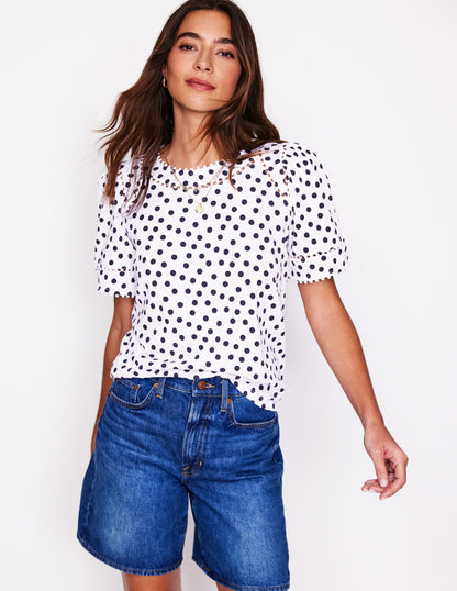 Mila Trim Detail Top-Ivory, French Navy Dot-4