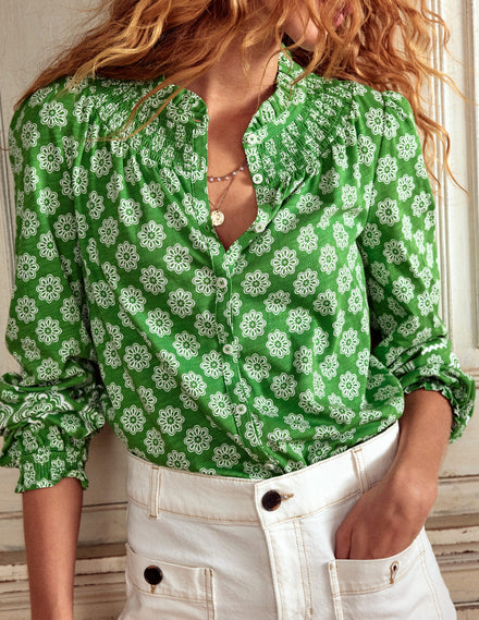 Fay Smocked Jersey Shirt-Paradise Green, Botanic Blush