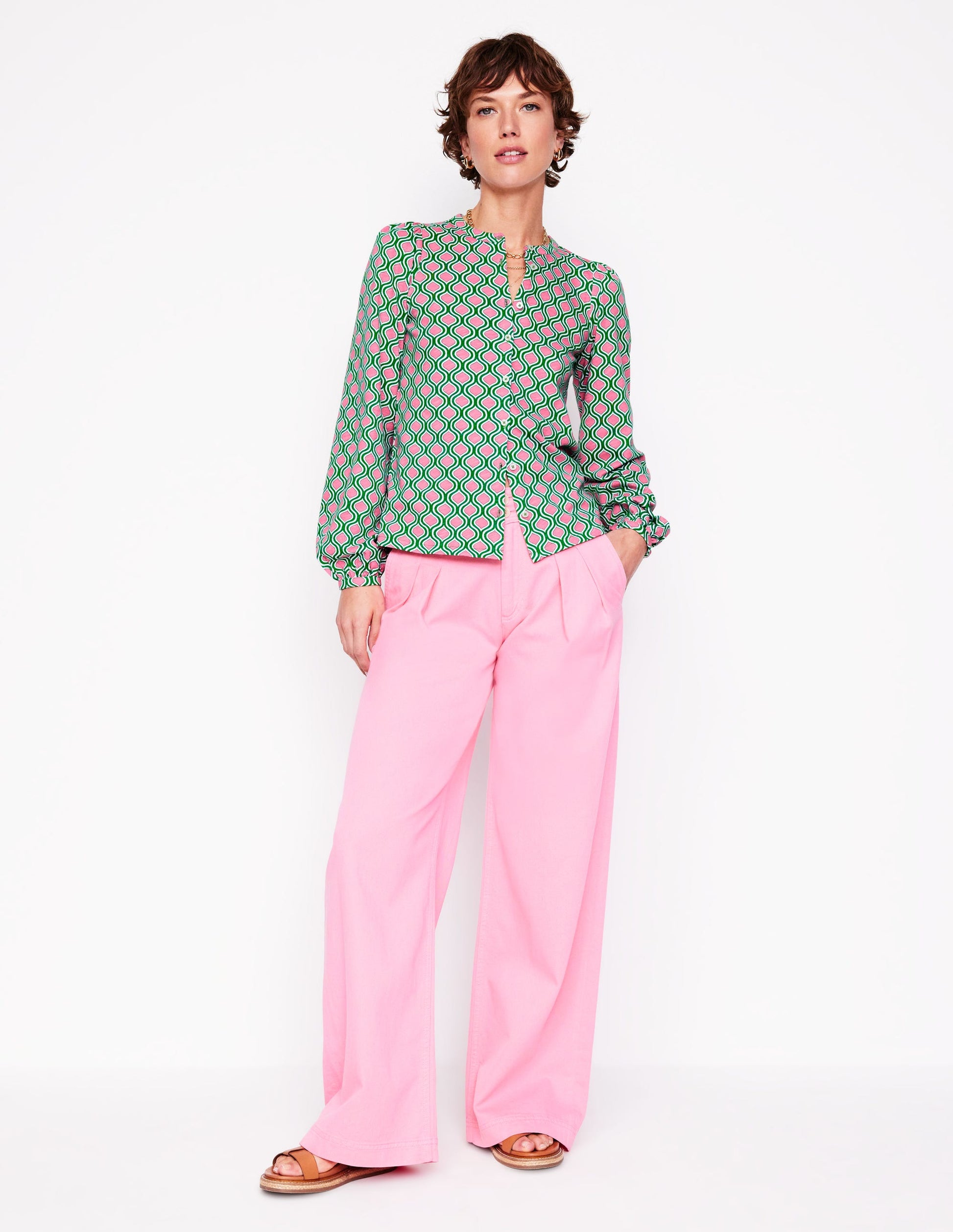 Marina Jersey Shirt-Rich Emerald, Geo Trellis-1