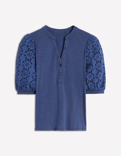 Eden Puff Sleeve Henley Top-Denim Blue-5