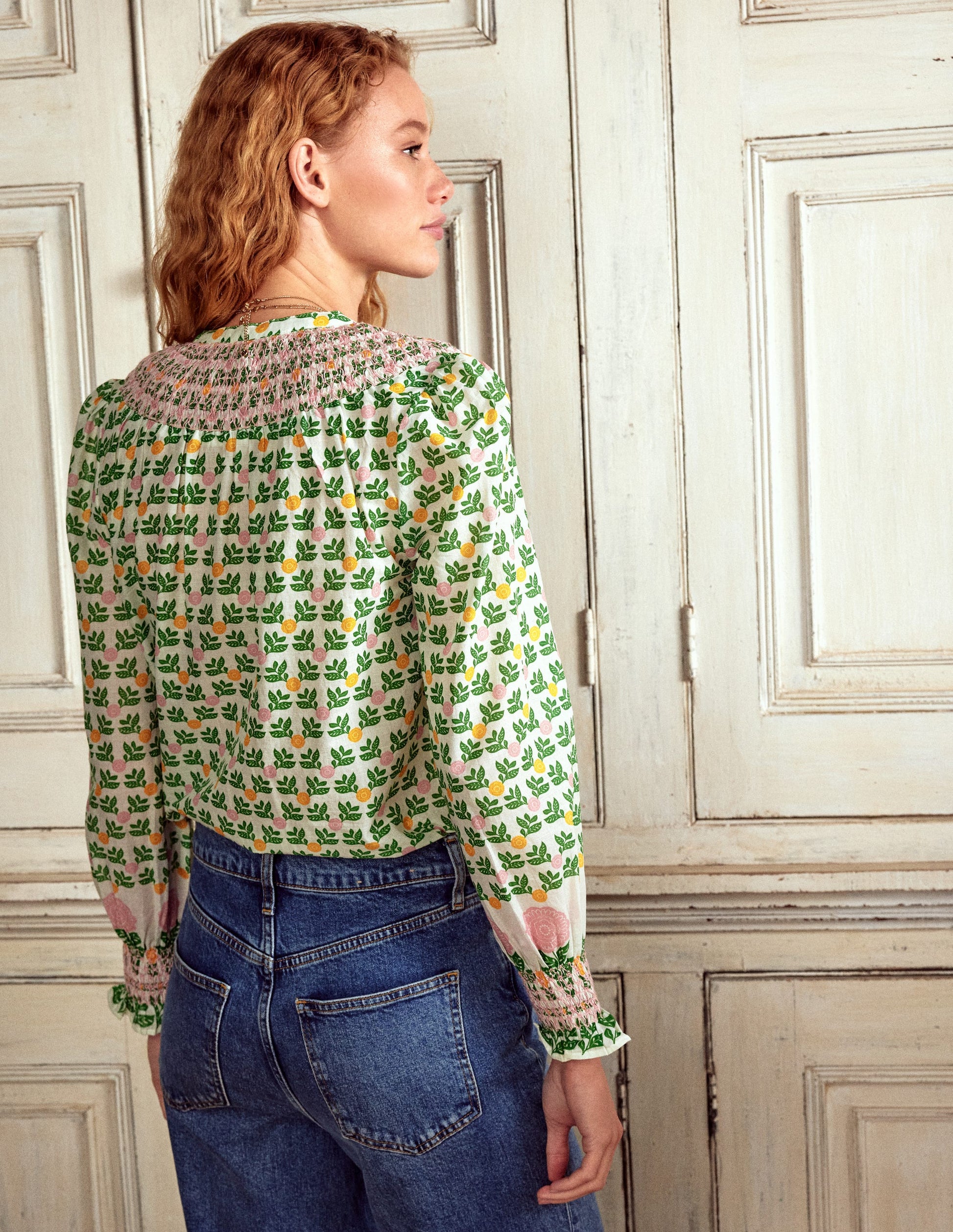 Effie Smocked Blouse-Ivory Green, Dahlia Garden-3