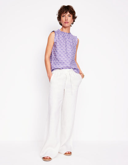 Sophie Ruffle Linen Top-Purple, Deco Palm-2