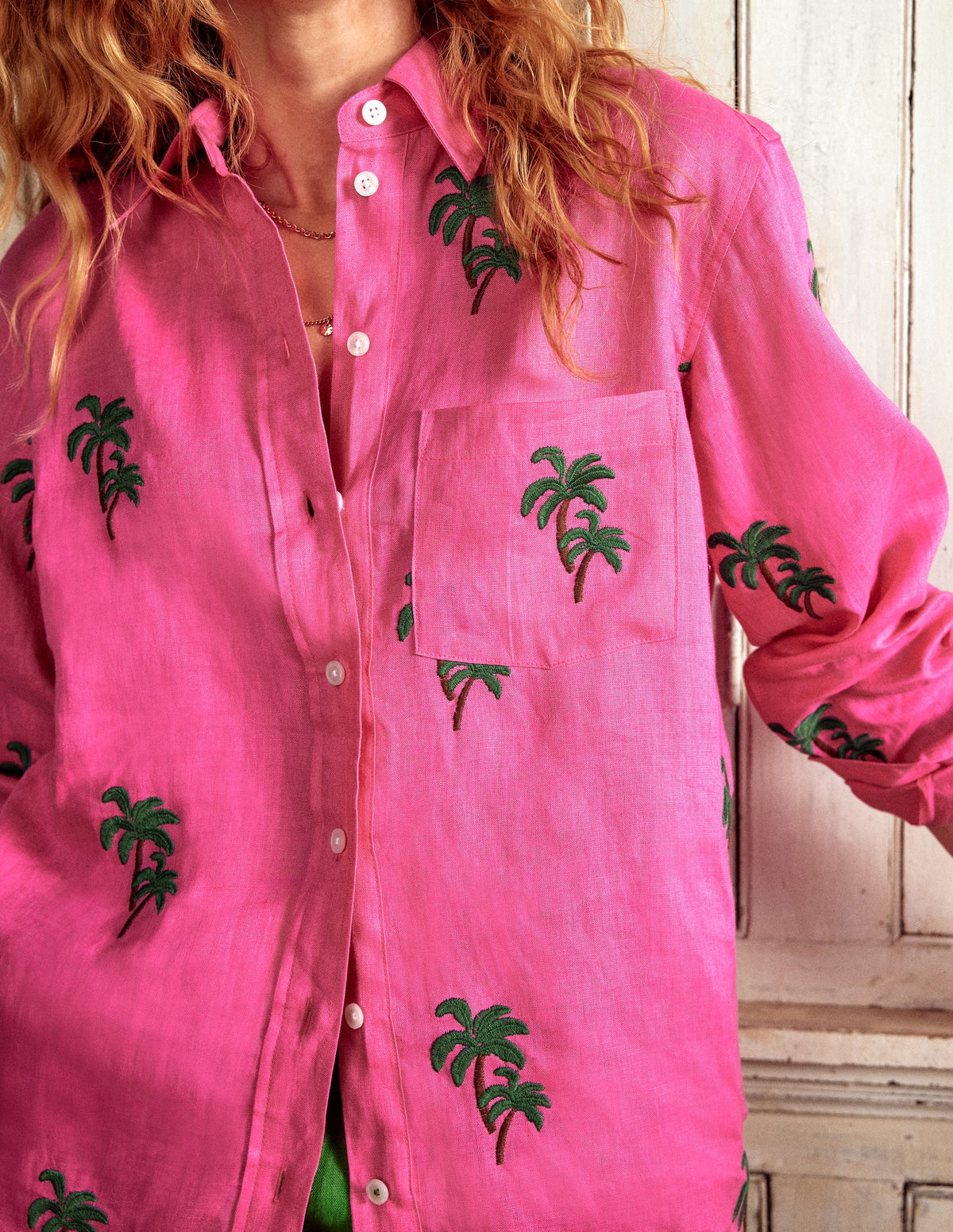 Sadie Relaxed Linen Shirt-Sorbet Pink, Palm Tree - Image 2