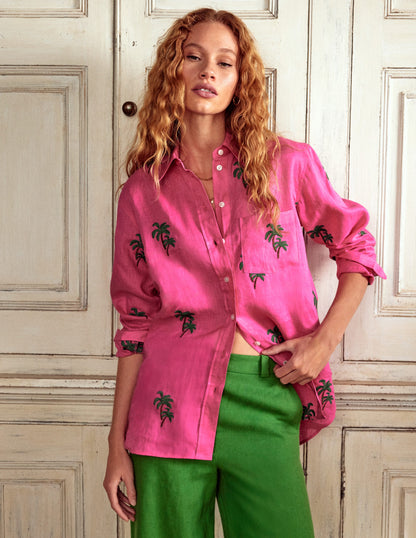 Sadie Relaxed Linen Shirt-Sorbet Pink, Palm Tree