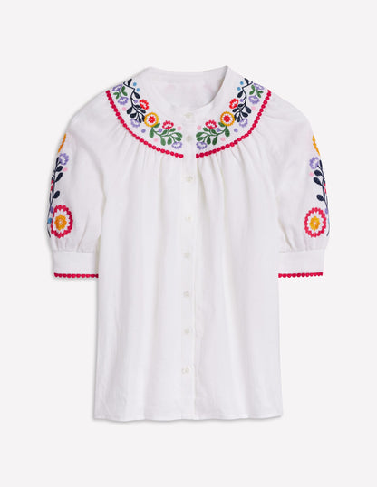Bea Linen Top-White, Embroidery
