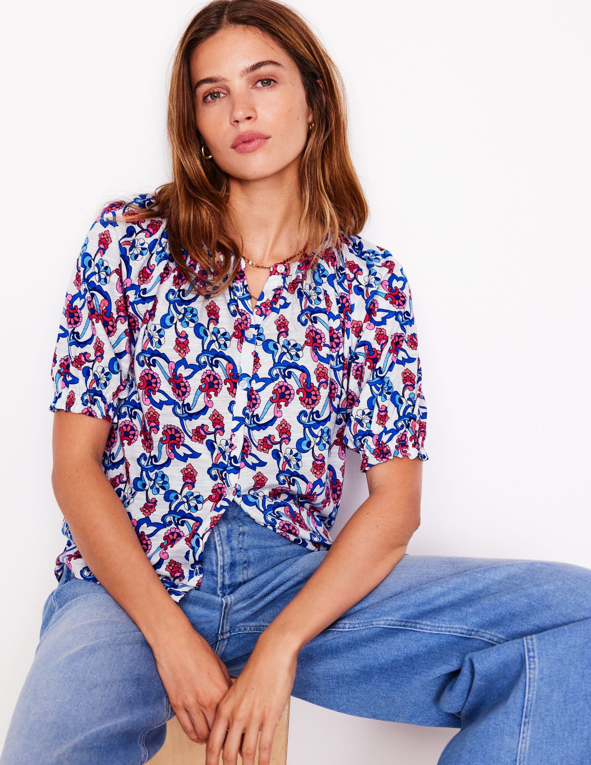 Isla Jersey Shirt-Ivory, Floral-1
