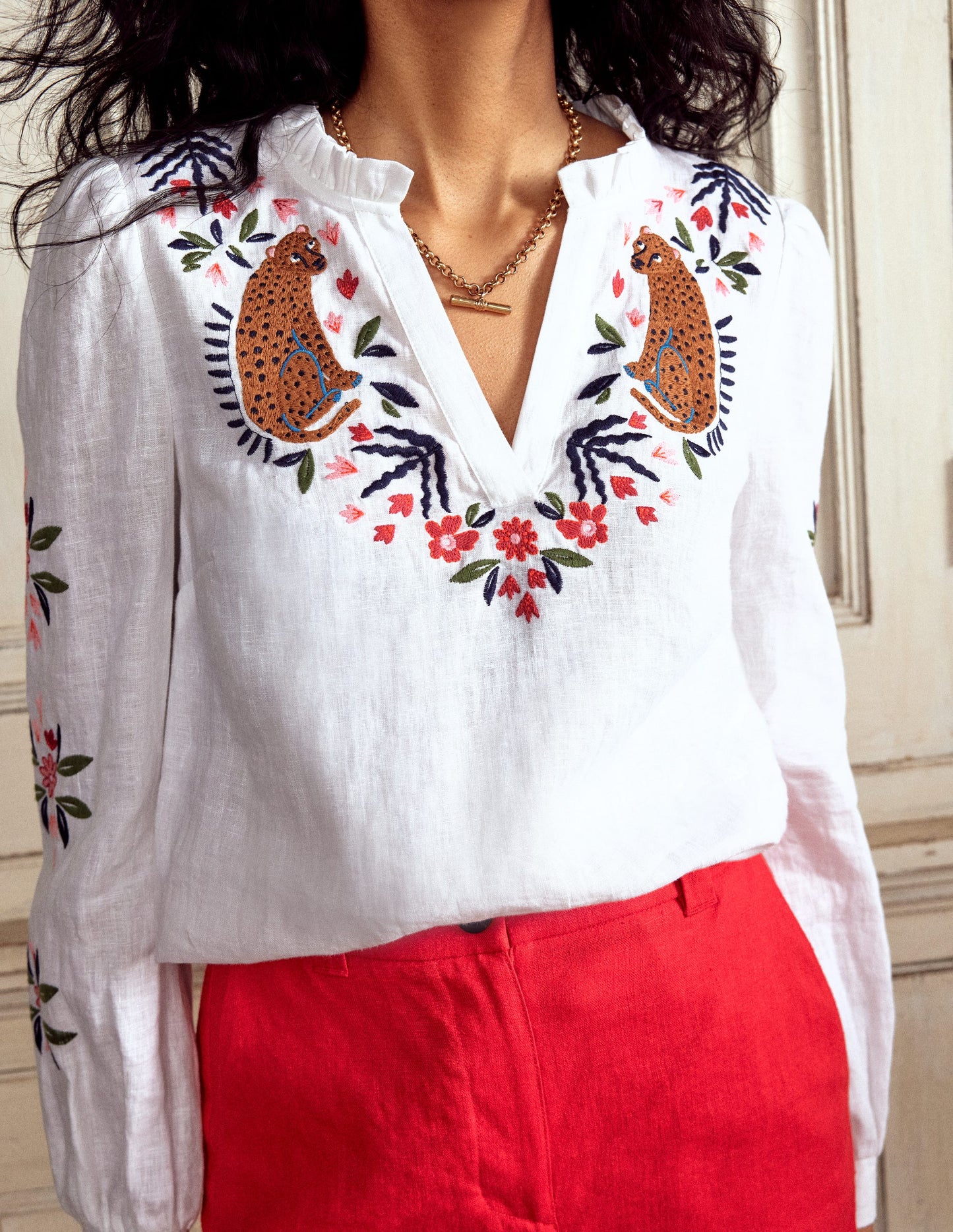 Grace Linen Top-White, Cheetah