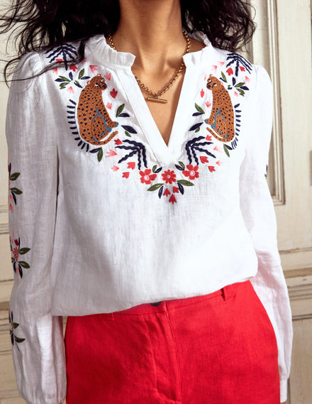Grace Linen Top-White, Cheetah