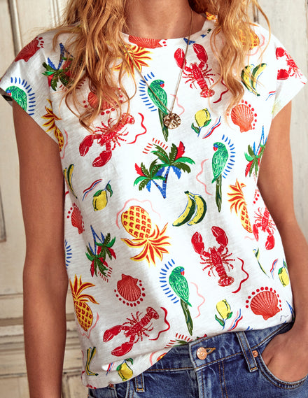 Louisa Slub T-Shirt-Ivory, Tropical Bonanza