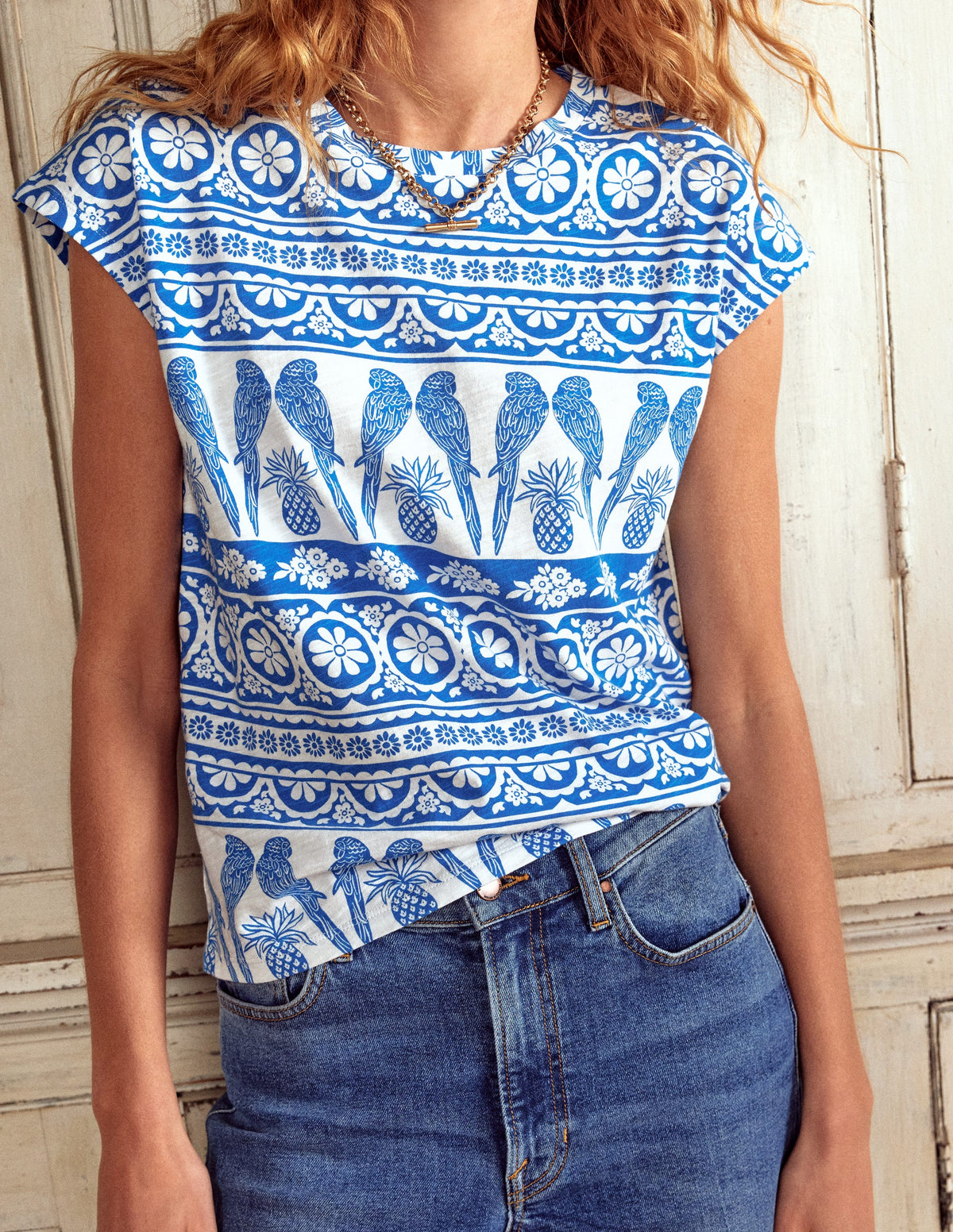 Louisa Cotton Slub T-shirt-Cerulean Blue, Ornate Tropic - Image 2