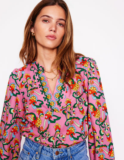 Cotton Notch Neck Top-Pink Rose, Foliage Trail-2