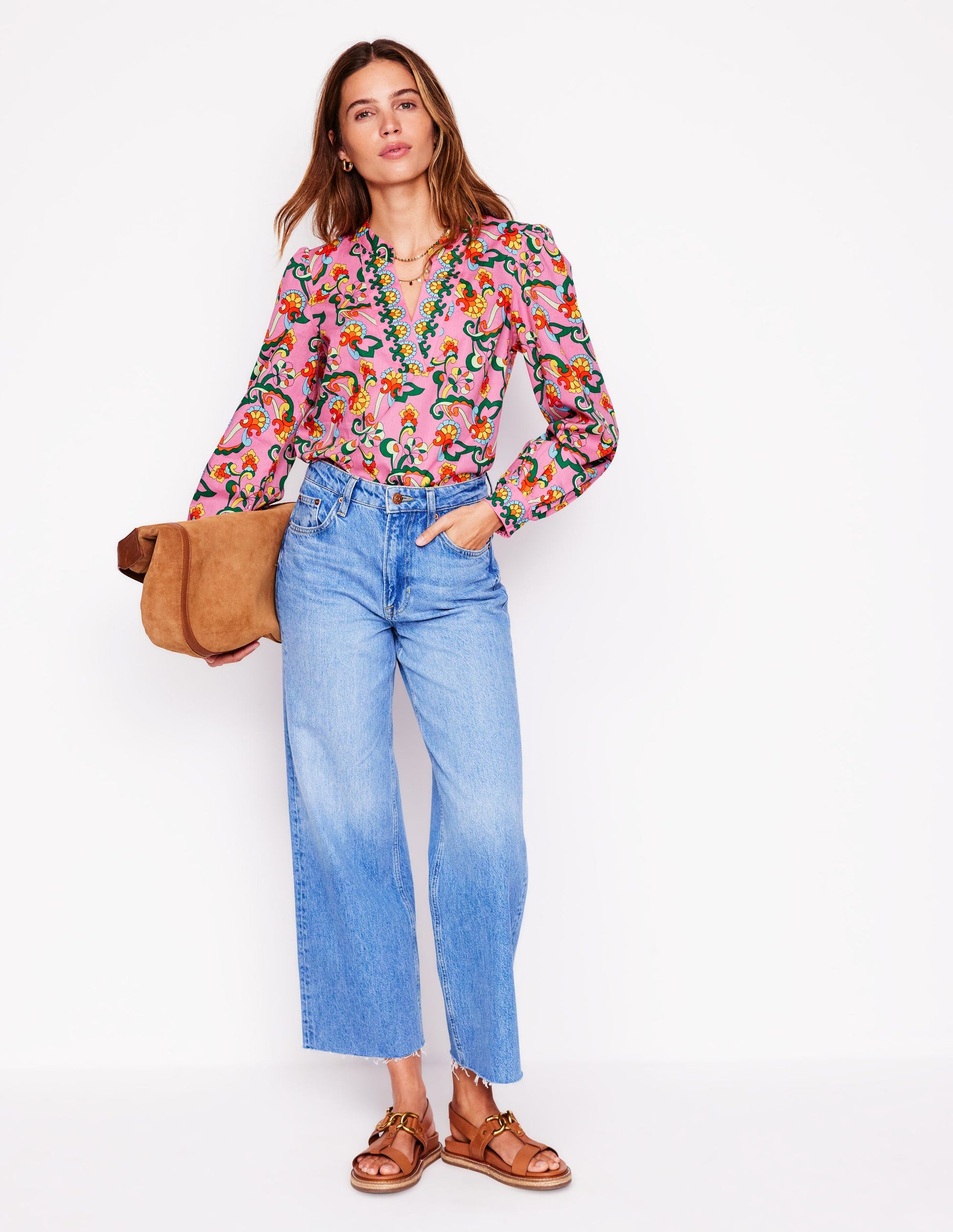 Cotton Notch Neck Top-Pink Rose, Foliage Trail-5