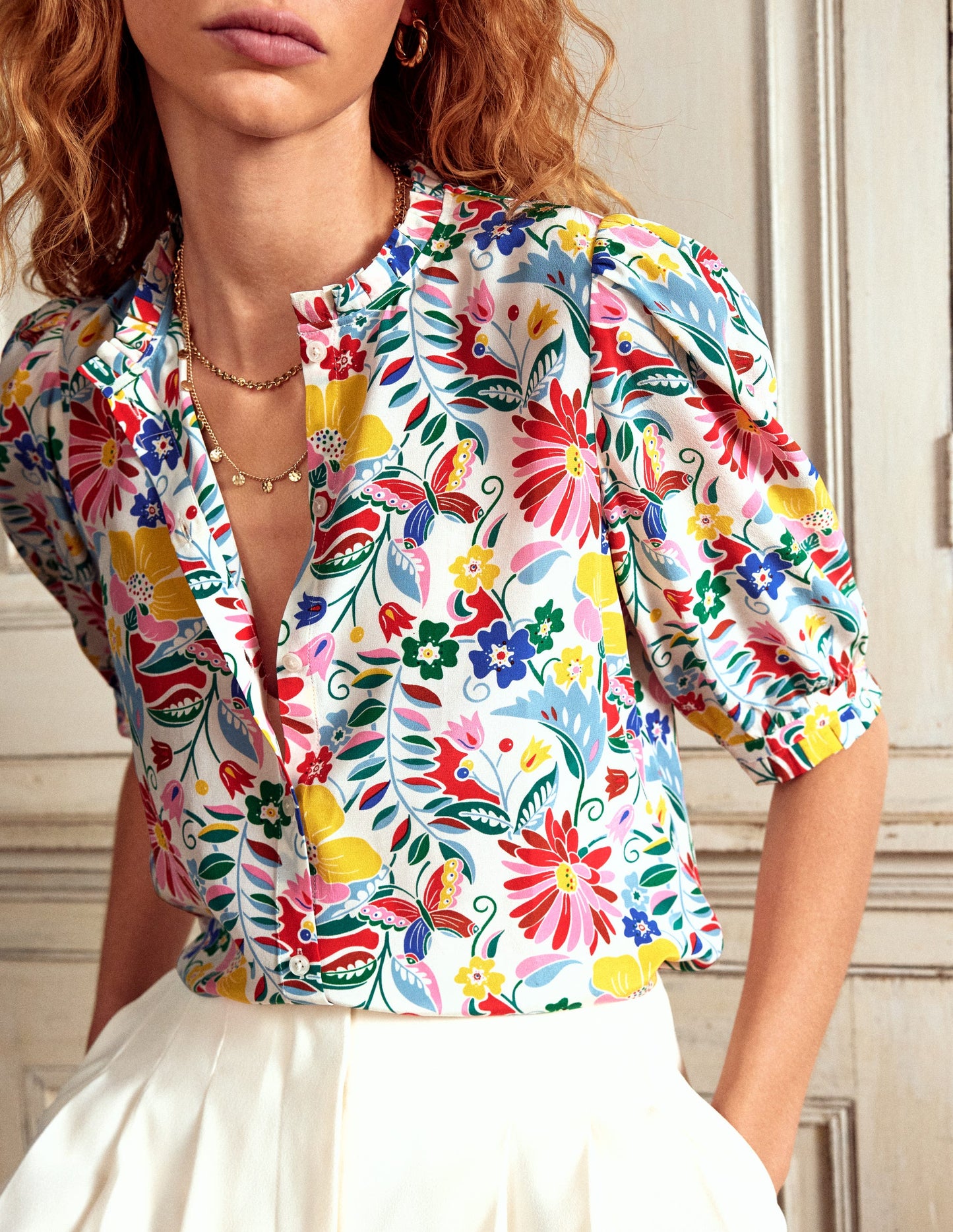 Frill Detail Silk Top-Multi, Wildflower Trail