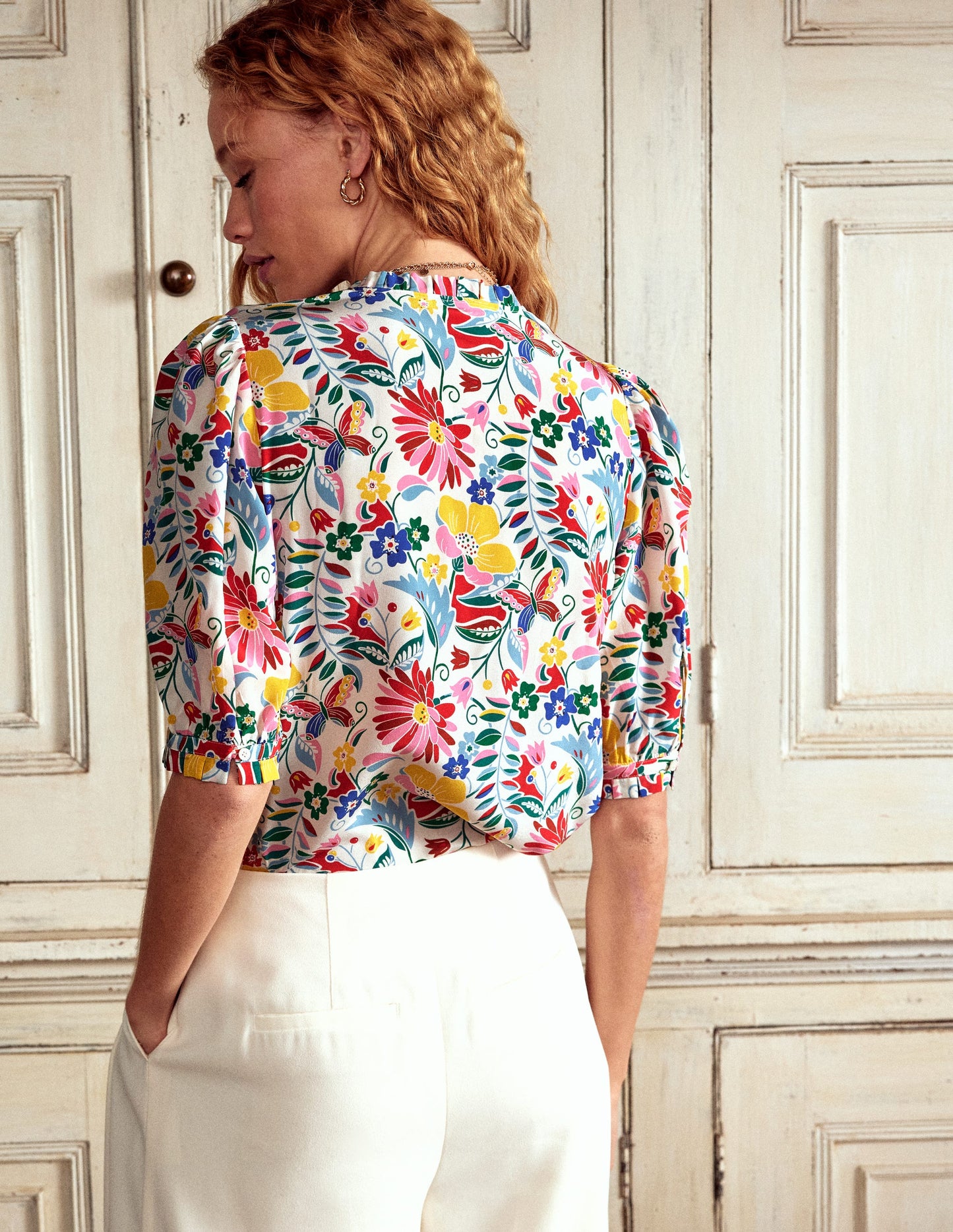 Frill Detail Silk Top-Multi, Wildflower Trail