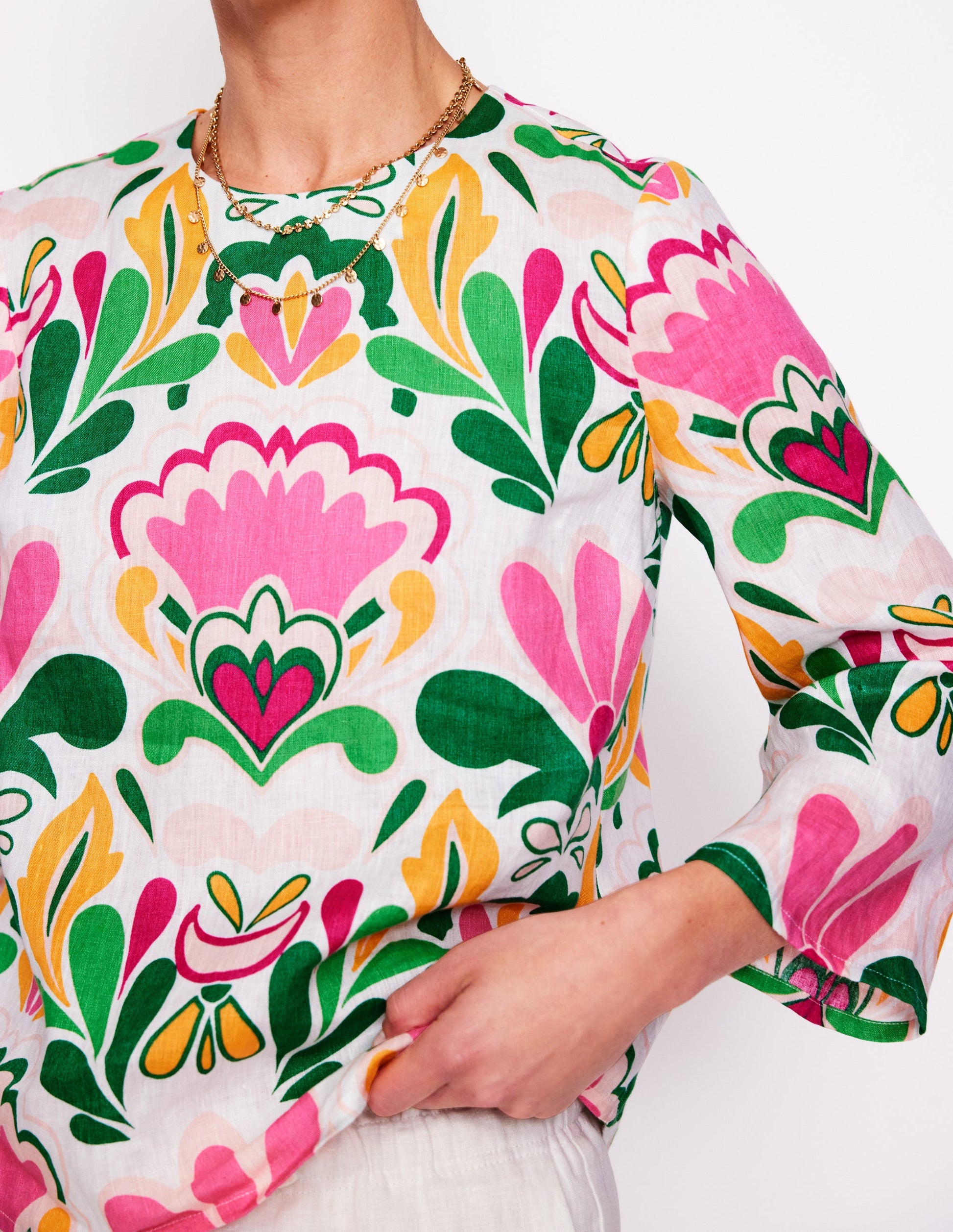 Fluted Sleeve Linen Top-Multi, Freesia Stamp-3