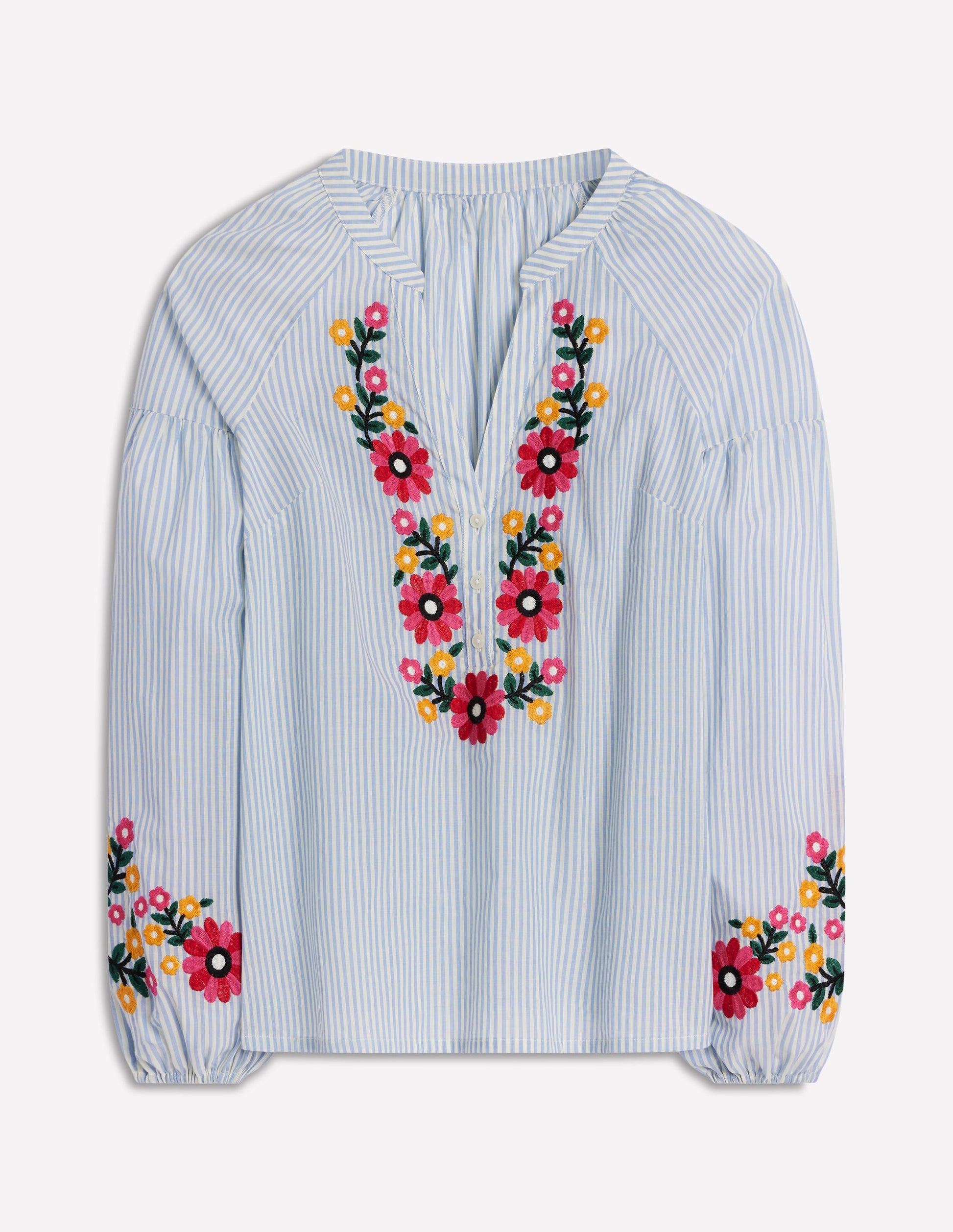 Raglan Embroidered Cotton Top-Ivory, Navy Stripe-5
