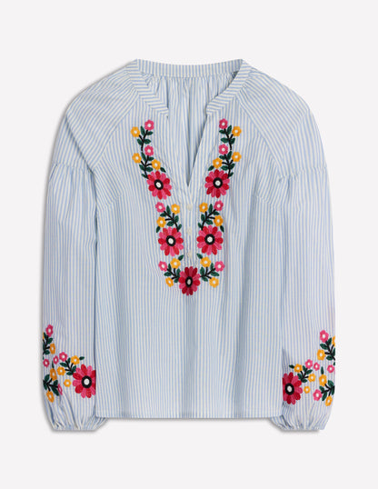 Raglan Embroidered Cotton Top-Ivory, Navy Stripe-5