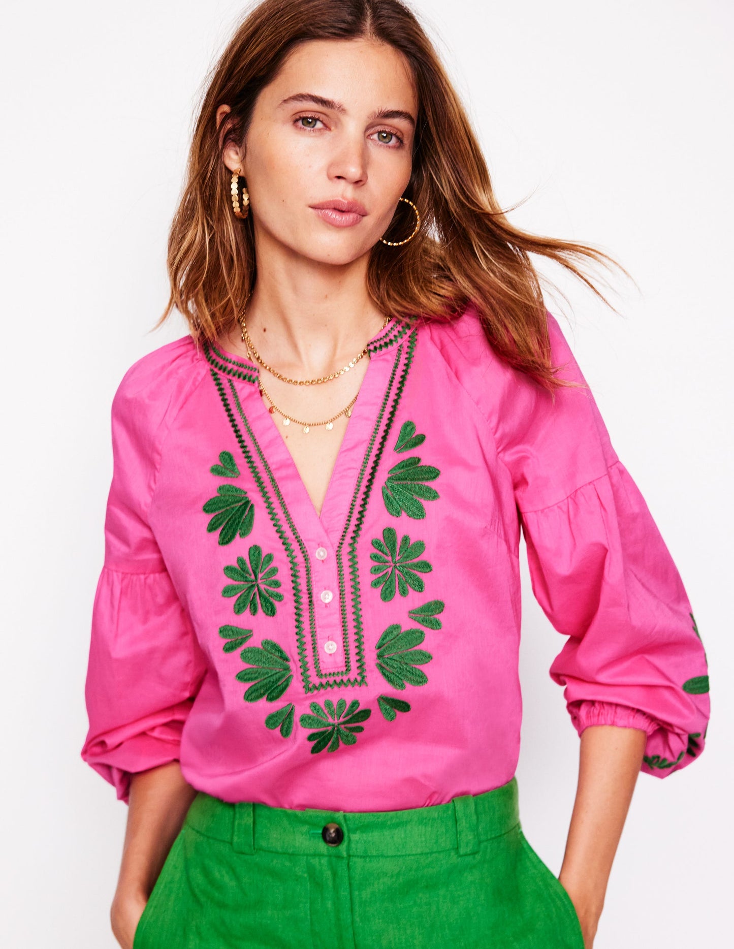 Raglan Embroidered Cotton Top-Sorbet Pink