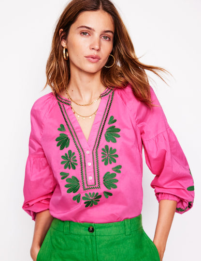 Raglan Embroidered Cotton Top-Sorbet Pink-5