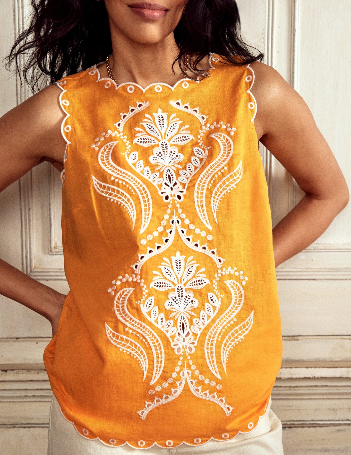 Embroidered Linen Blend Top-Summers Sun Yellow