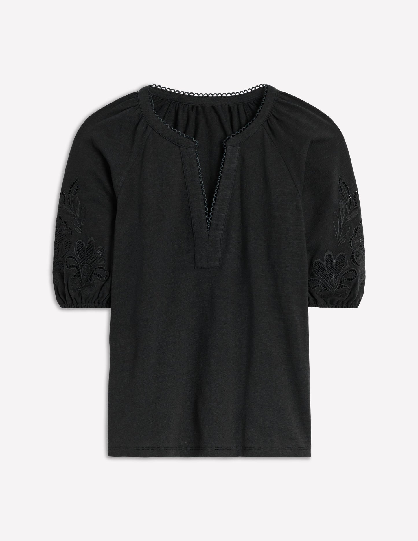 Cutwork Notch Neck Top-Black
