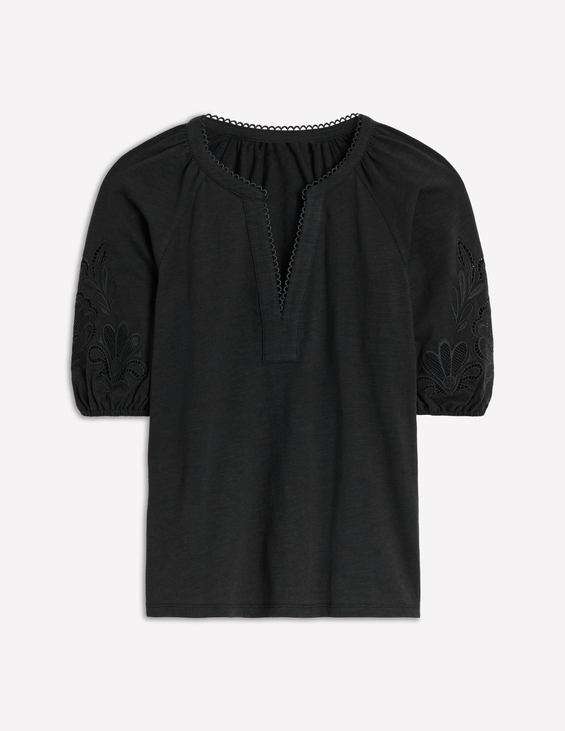 Cutwork Notch Neck Top-Black-5
