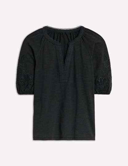 Cutwork Notch Neck Top-Black-5