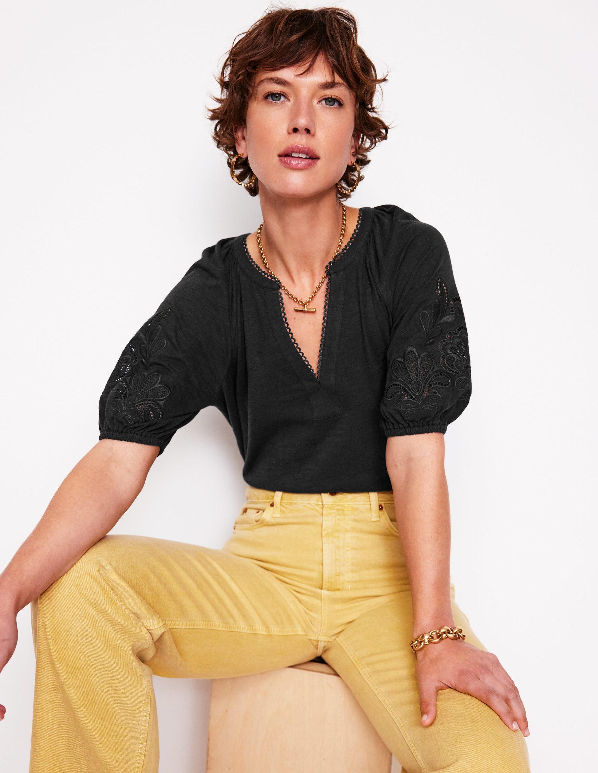 Cutwork Notch Neck Top-Black-1