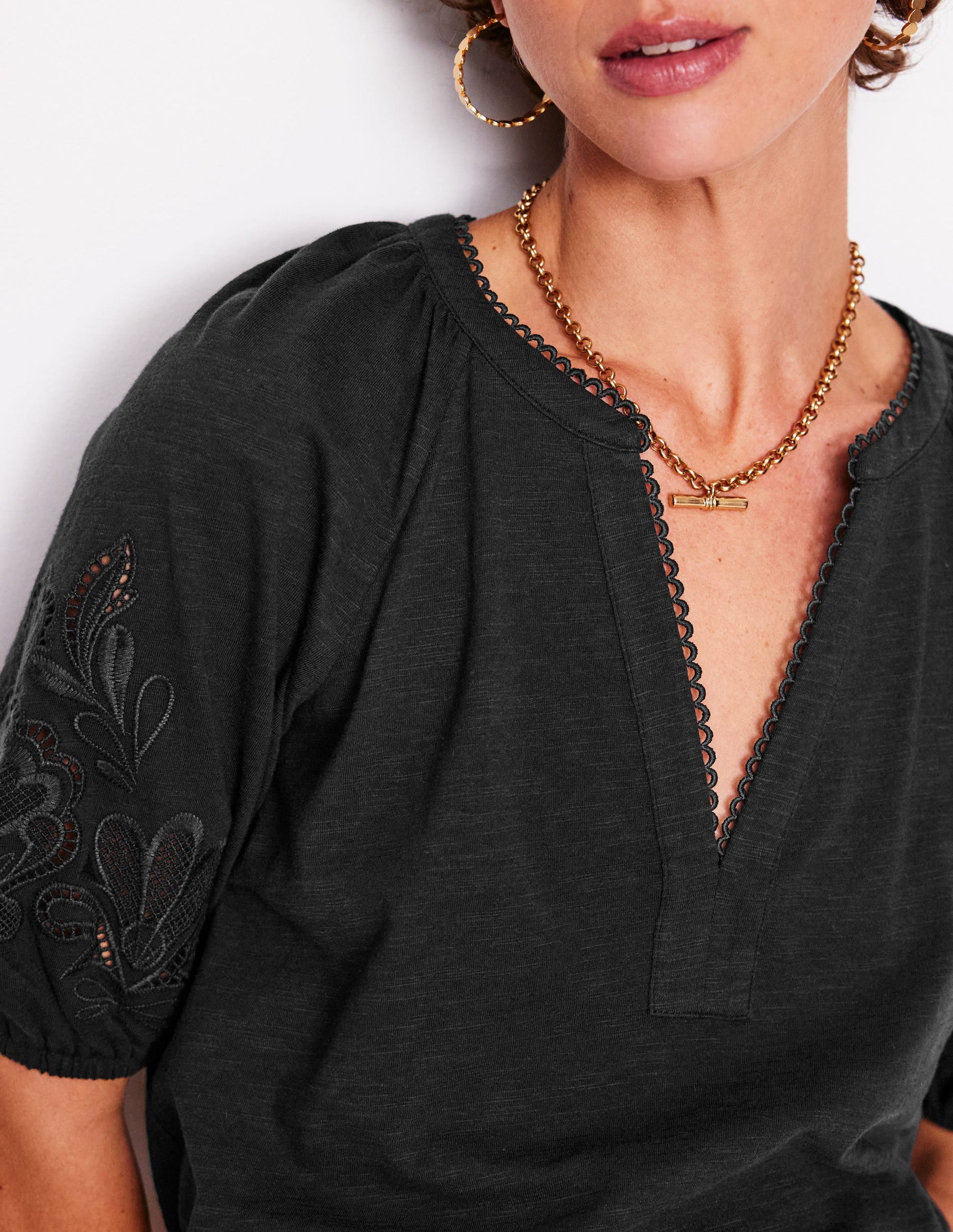 Cutwork Notch Neck Top-Black-2