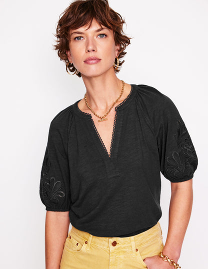 Cutwork Notch Neck Top-Black-4
