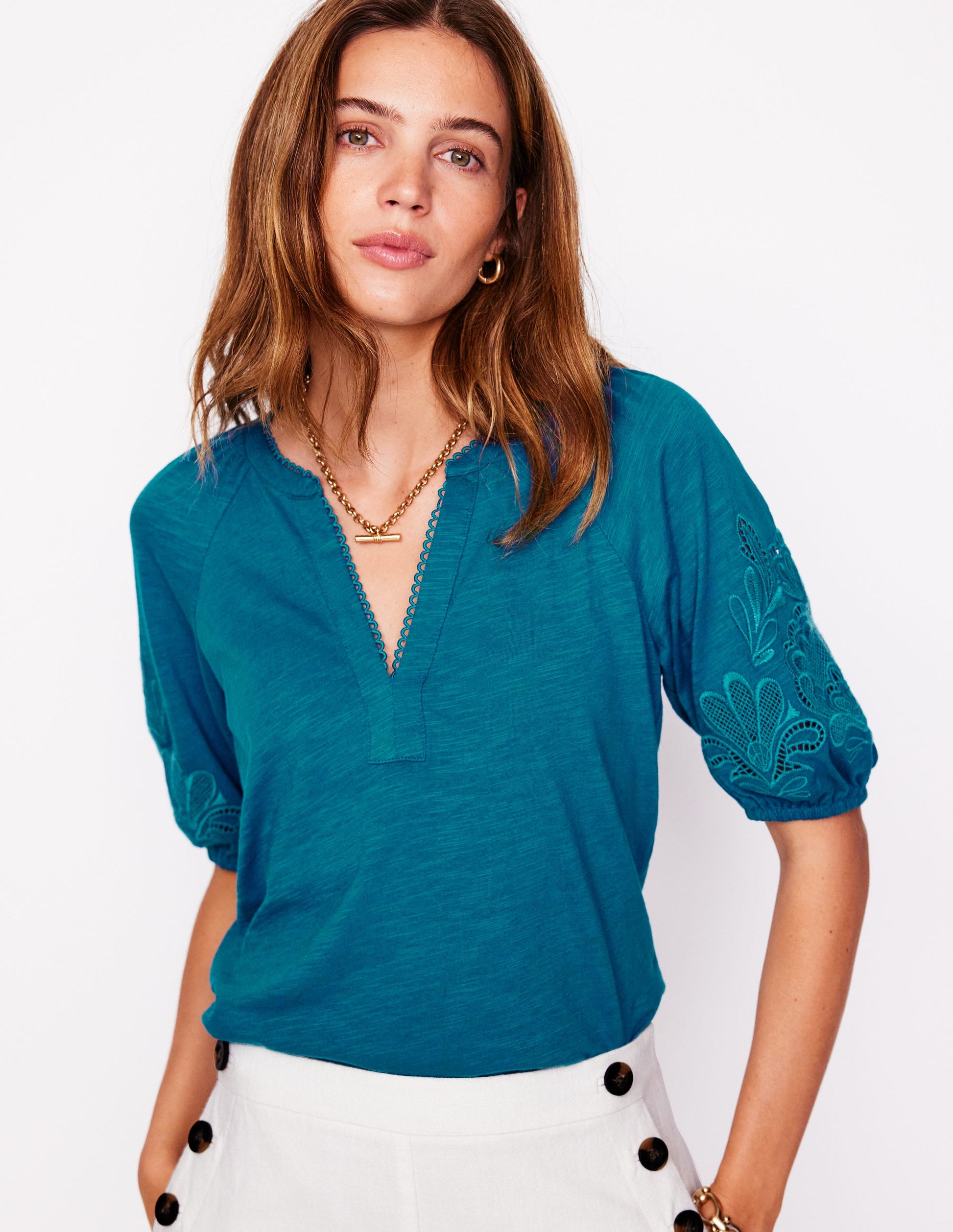 Cutwork Notch Neck Top-Deep Sea Green-1