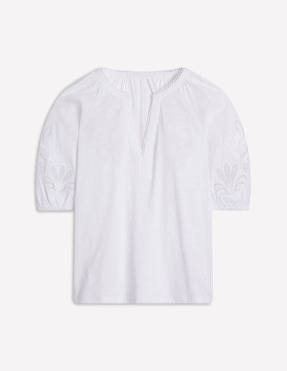 Cutwork Notch Neck Top-White-7