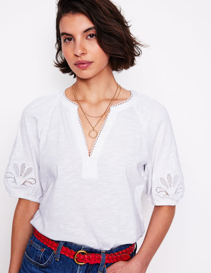 Cutwork Notch Neck Top-White-1