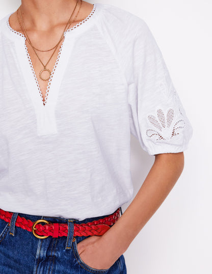 Cutwork Notch Neck Top-White-4