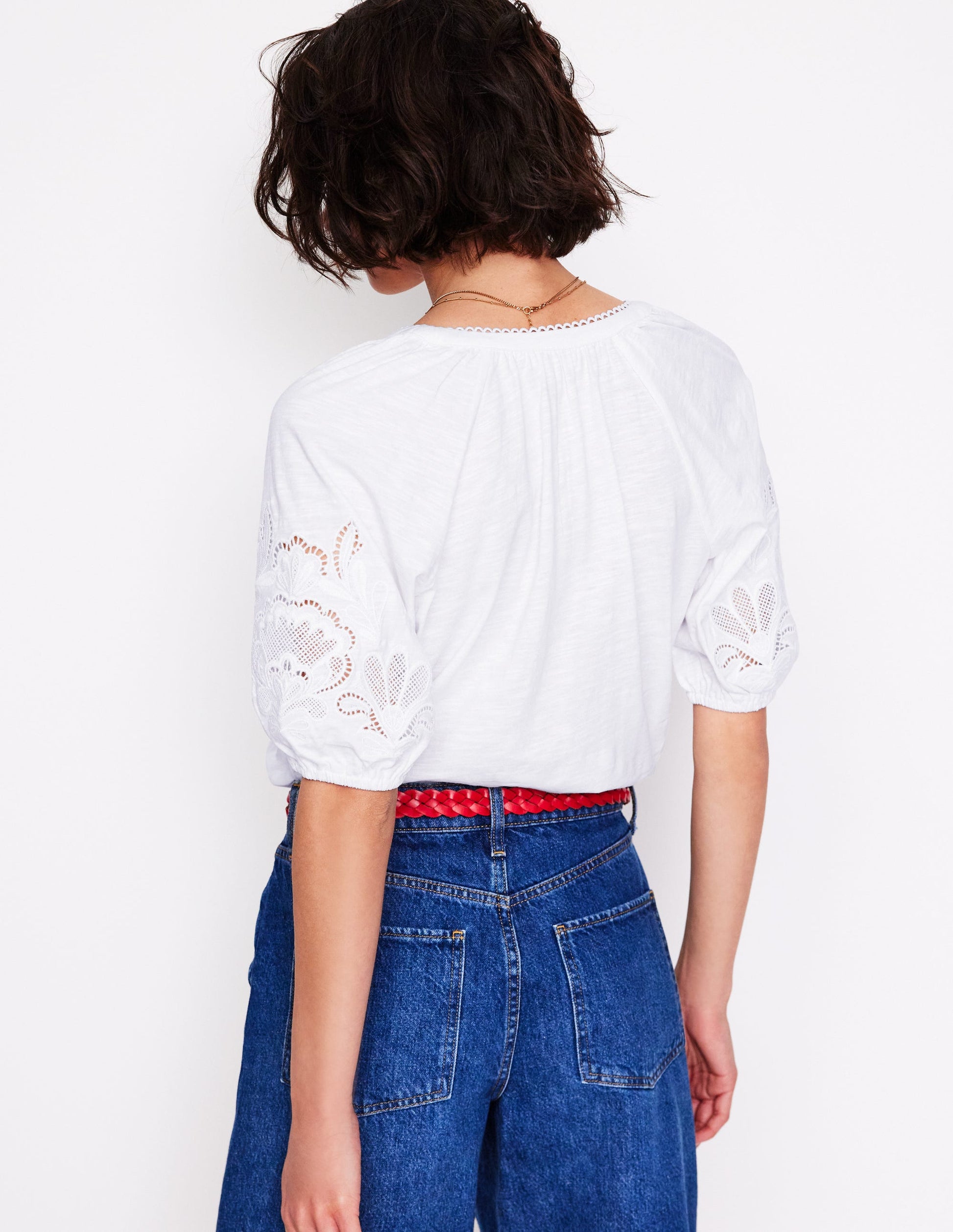 Cutwork Notch Neck Top-White-5