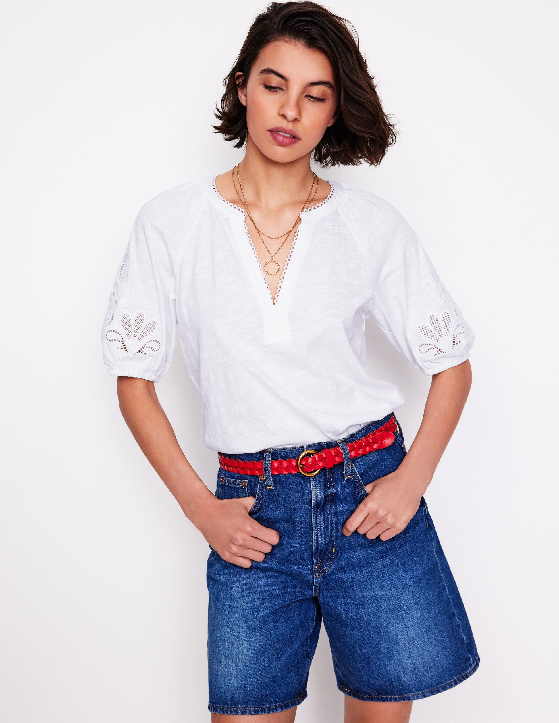Cutwork Notch Neck Top-White-6