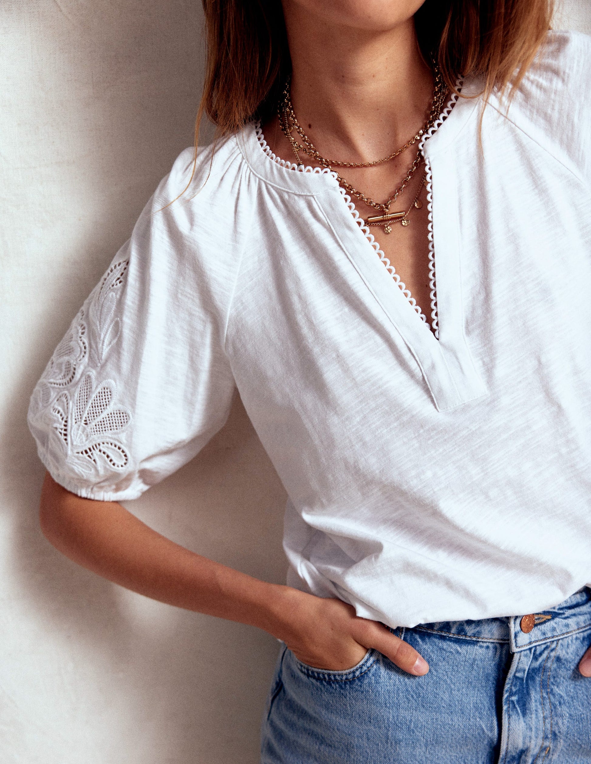 Cutwork Notch Neck Top-White-3
