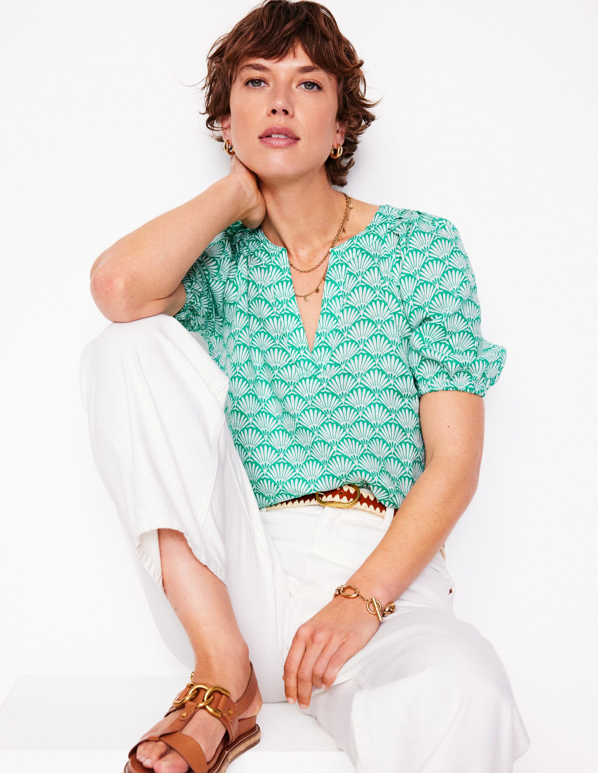 Brooke Linen Top-Aquamarine, Deco Palm-1