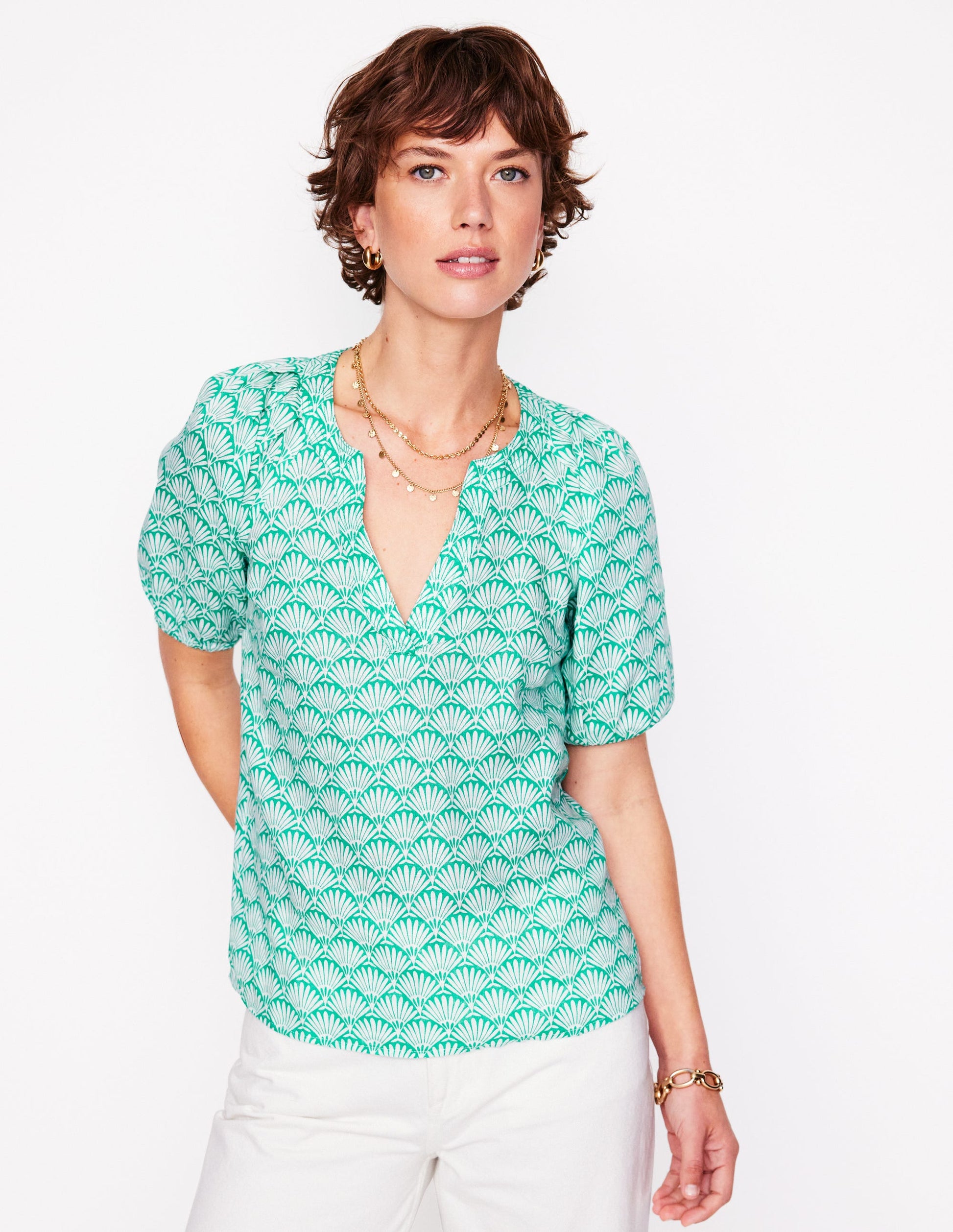 Brooke Linen Top-Aquamarine, Deco Palm-5