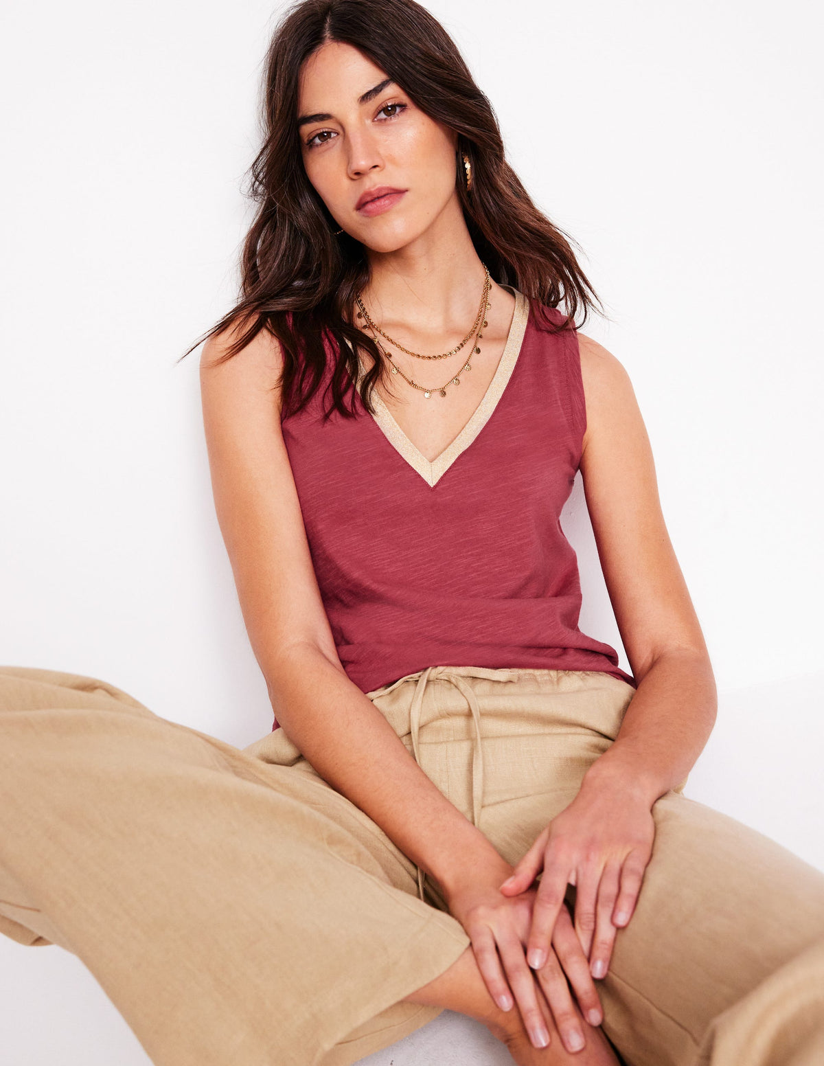 Metallic Trim V Neck Vest-Terracotta Red-1