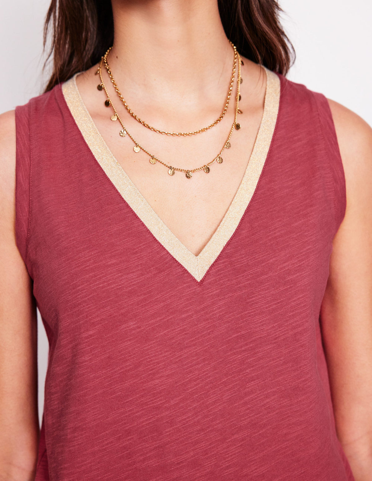 Metallic Trim V Neck Vest-Terracotta Red-2