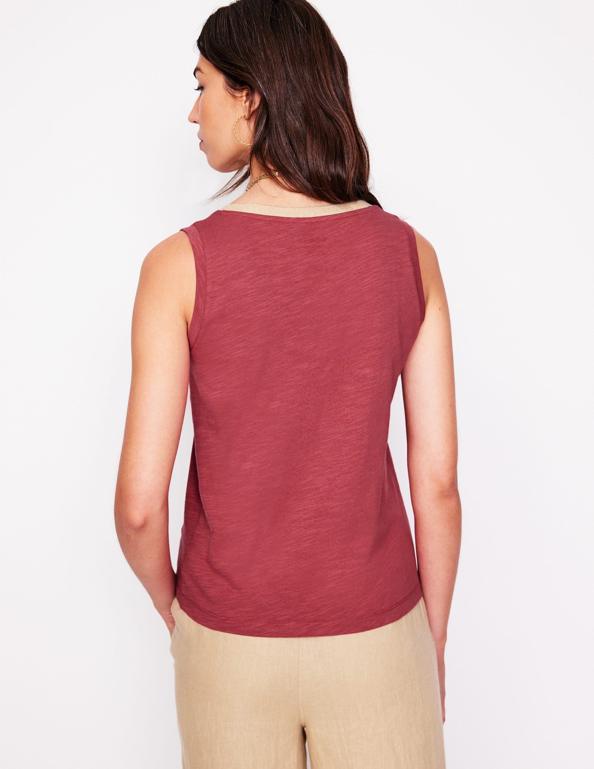Metallic Trim V Neck Vest-Terracotta Red-3